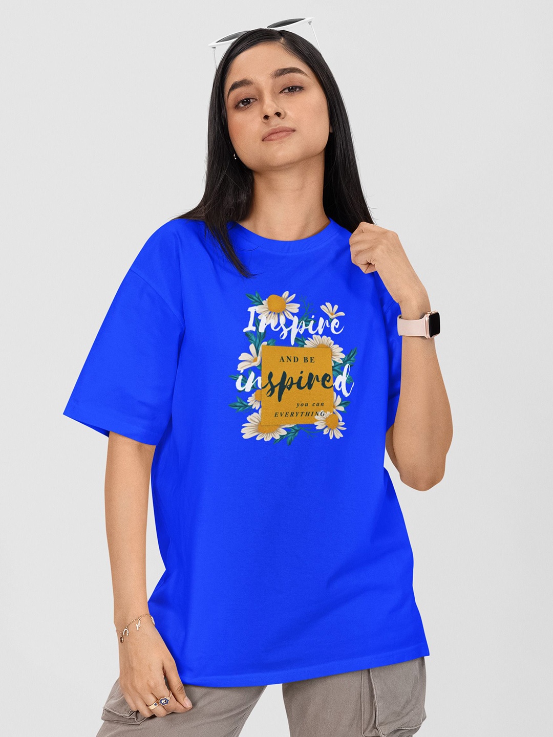 

Moda Rapido Women Oversized Printed Drop-Shoulder Sleeves T-Shirt, Blue