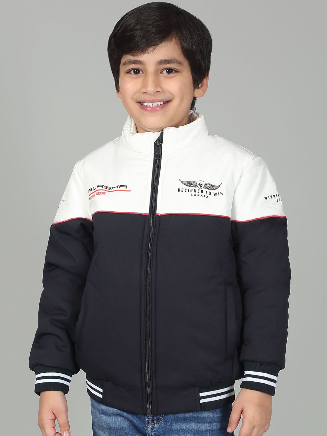 

Cantabil Boys Colourblocked Puffer Jacket with Patchwork, Navy blue