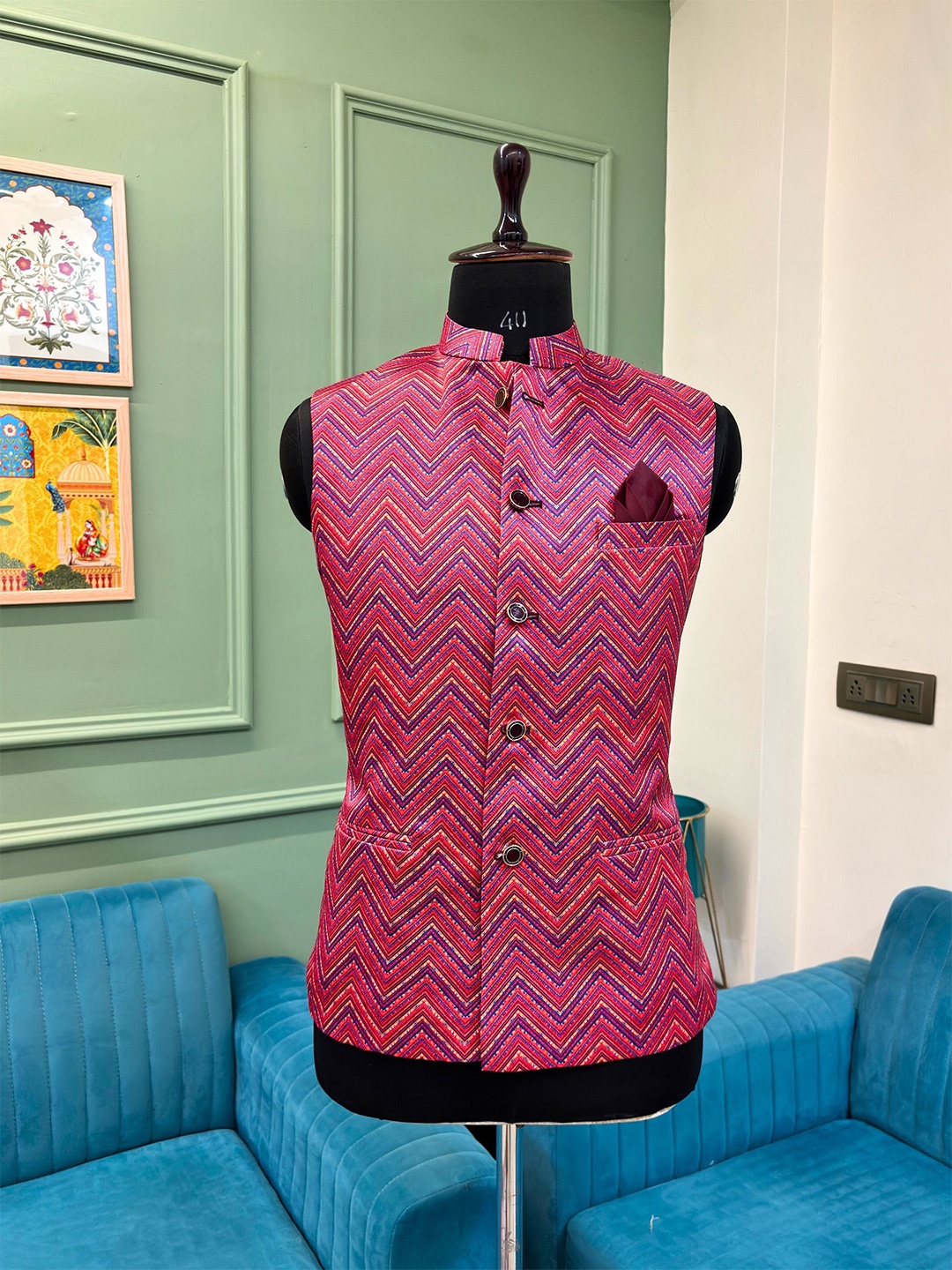 

JAIPURI CROWN Men Festive Wear Printed Nehru Jacket, Pink