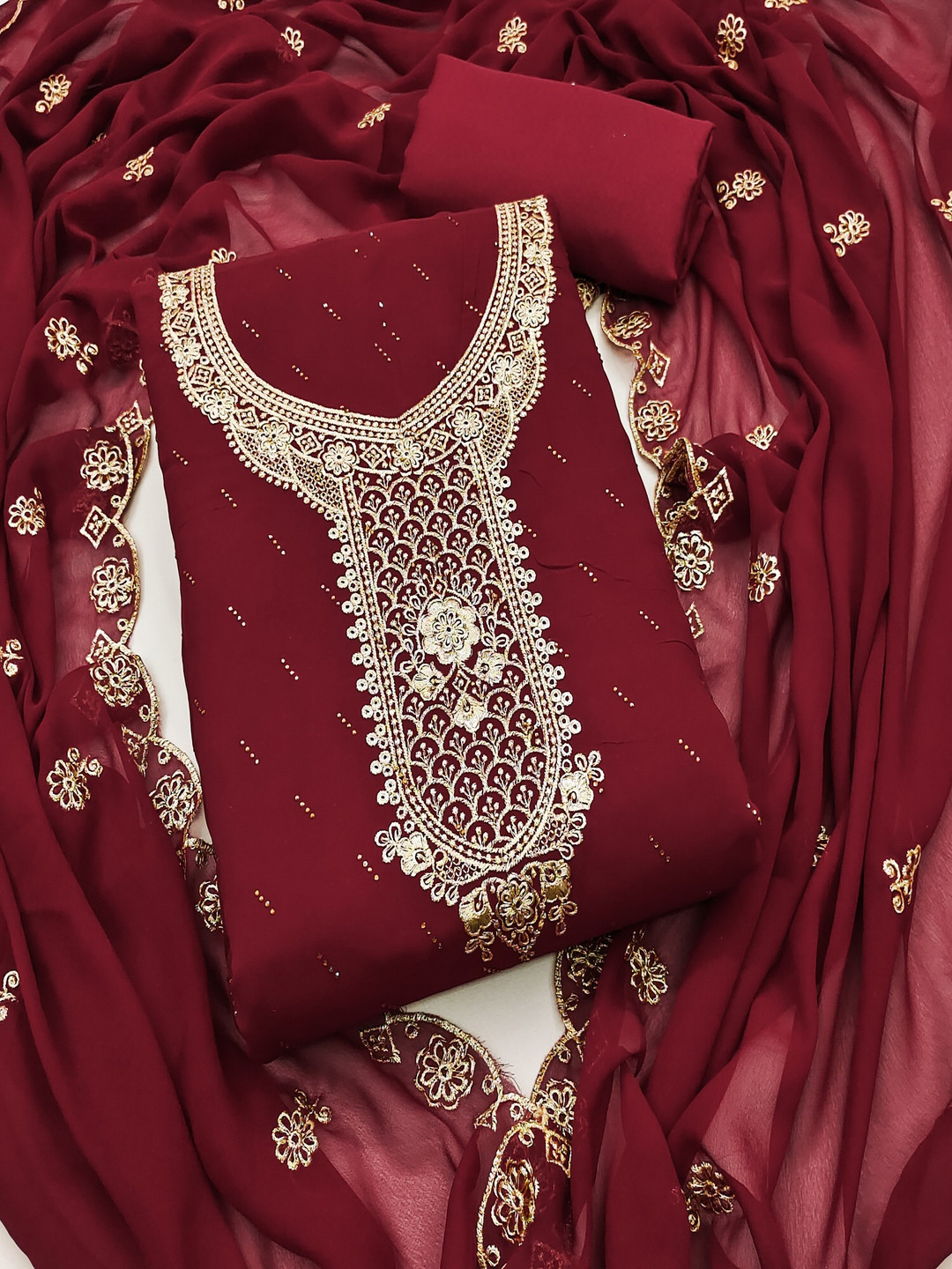 

Panzora Floral Embroidered Thread Work Georgette Unstitched Dress Material, Maroon