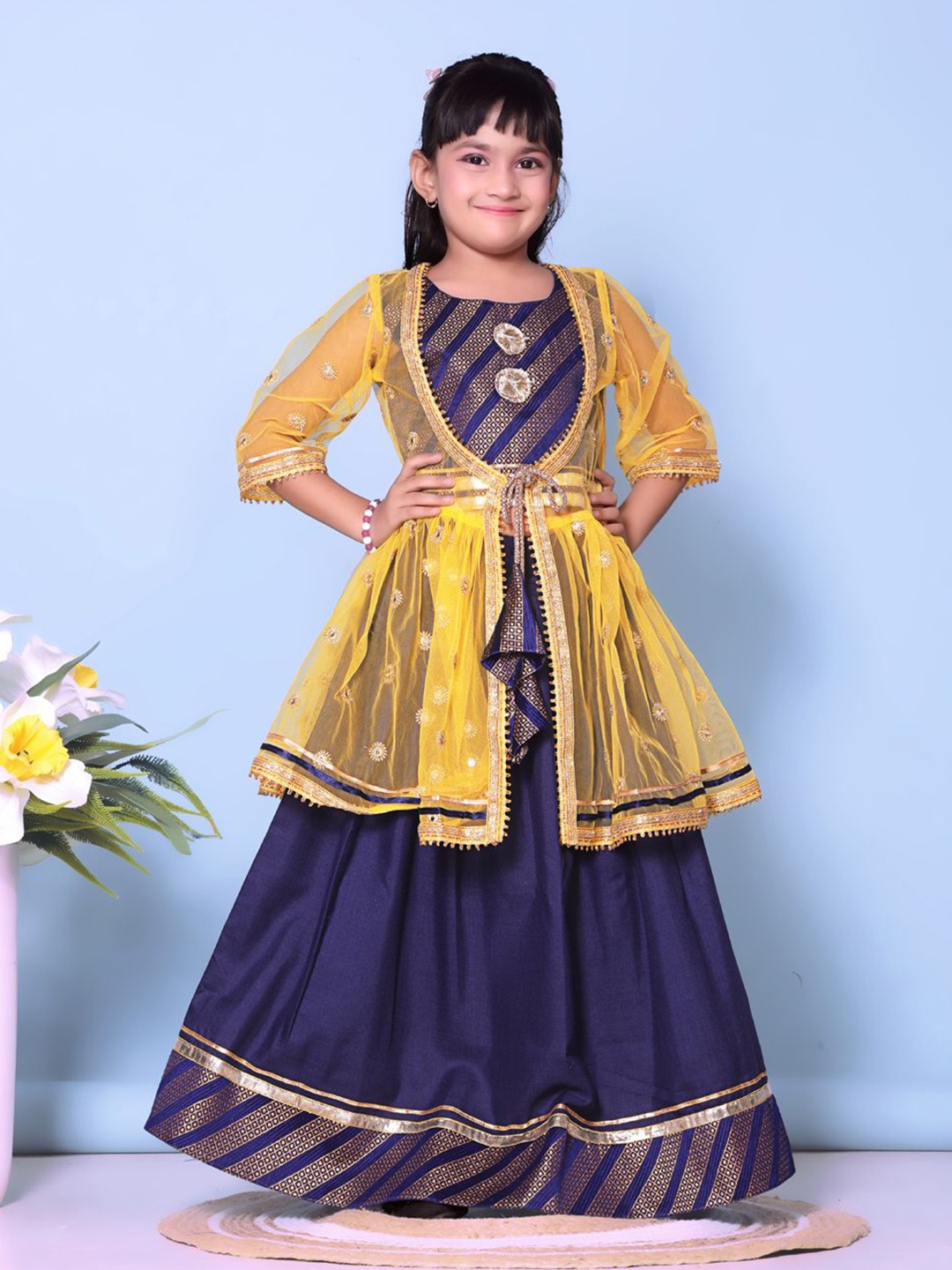 

BAESD Girls Embroidered Mirror Work Choli & Lehanga With Koti, Yellow