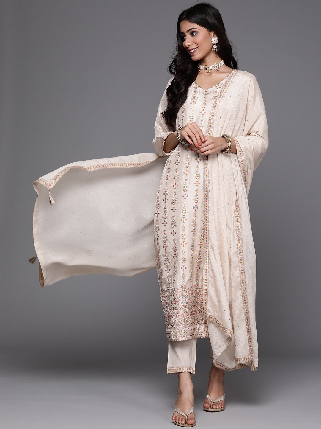 

KALINI Women Regular Kurta with Trousers & With Dupatta, Off white