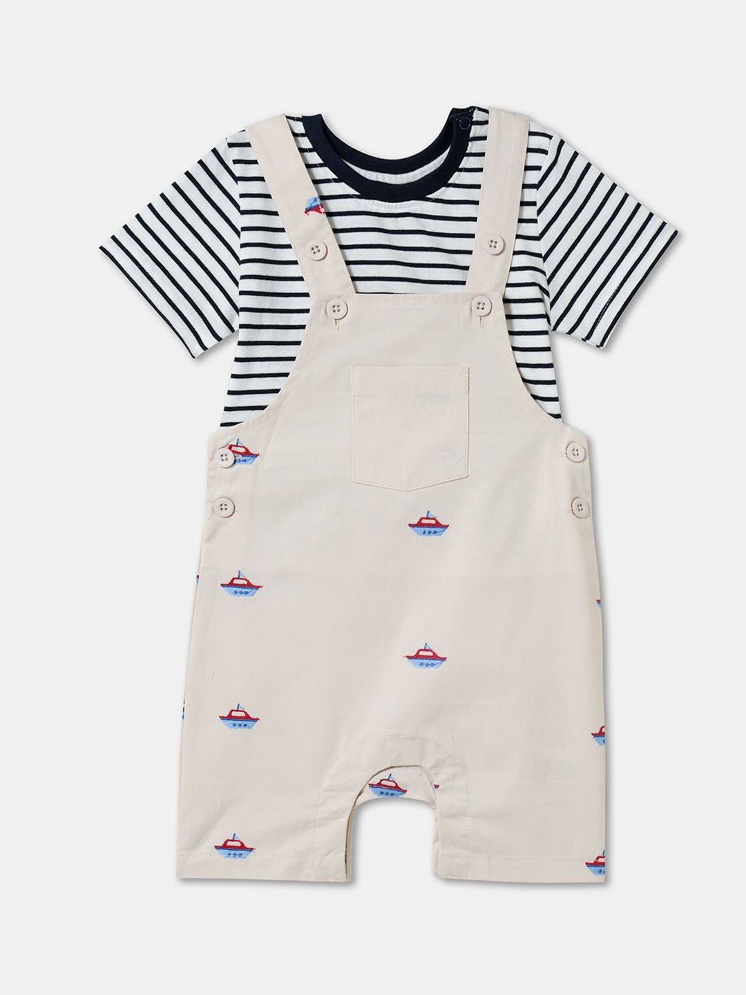 

R&B Infants Boys Printed Cotton Dungaree With T-Shirt, Beige