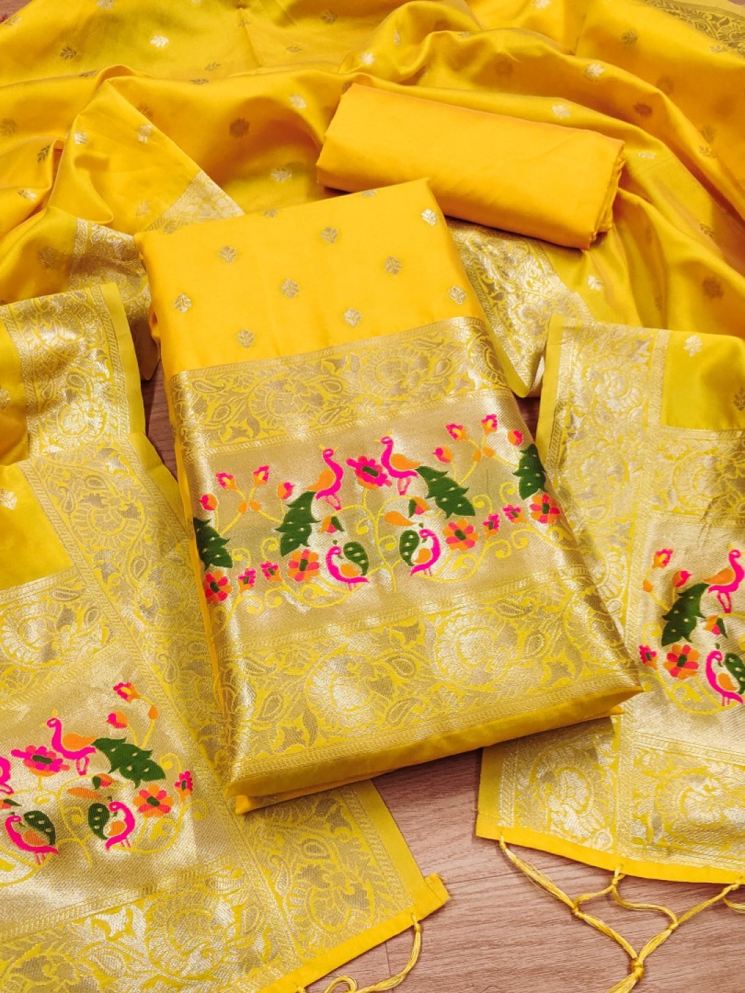 

Rangtulika Ethnics Floral Woven Design Banarasi Silk Unstitched Dress Material, Yellow