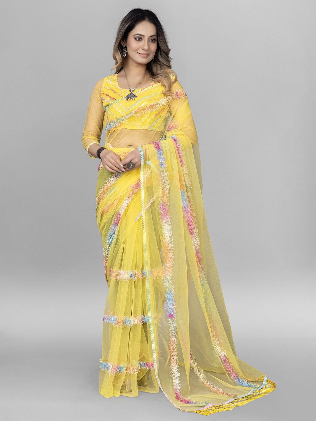 

A TO Z CART Striped Embroidered Net Saree, Yellow