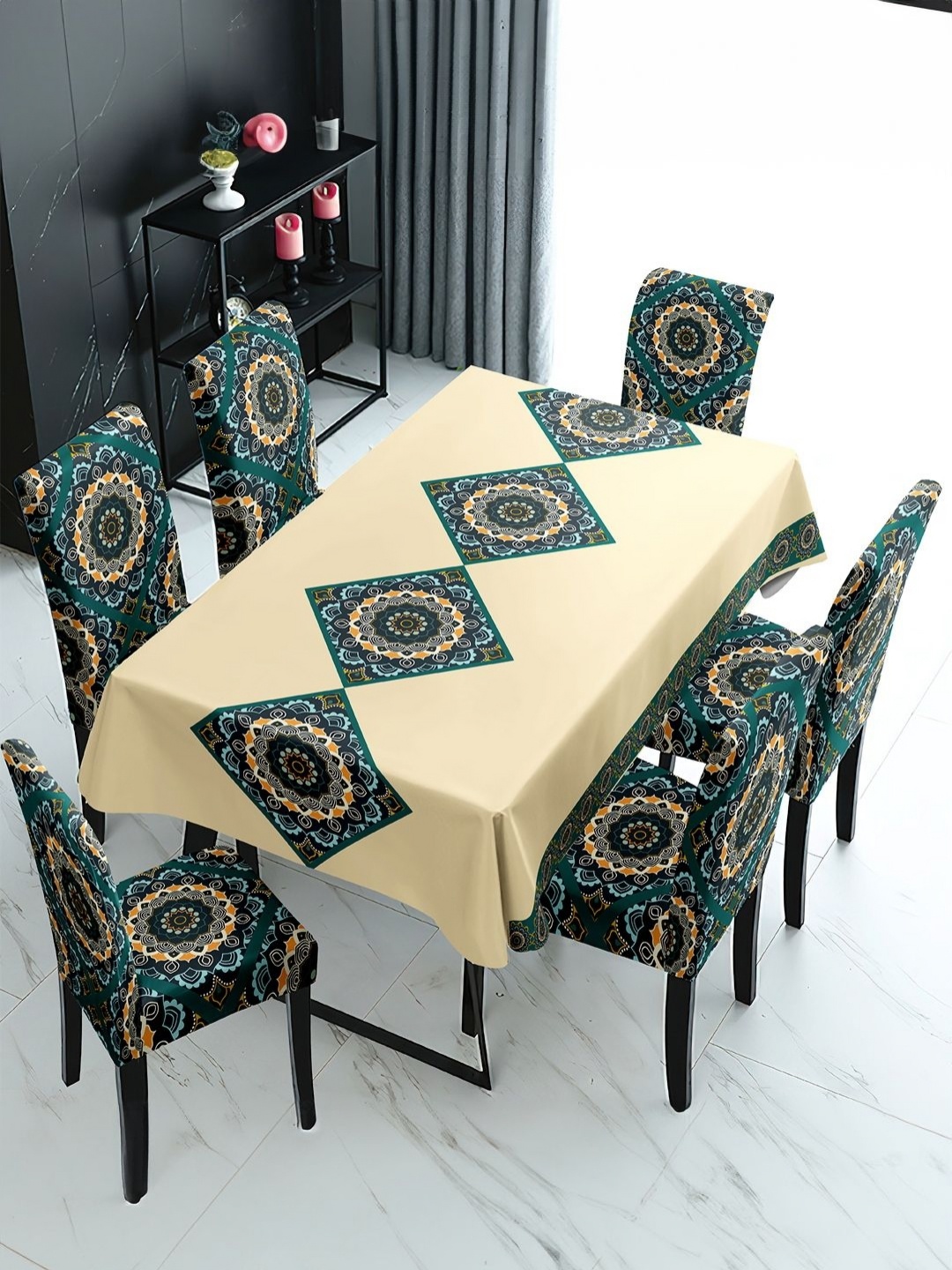 

Aura Beige & Green 7 Pieces Mandala Art Printed Table & Chair Covers