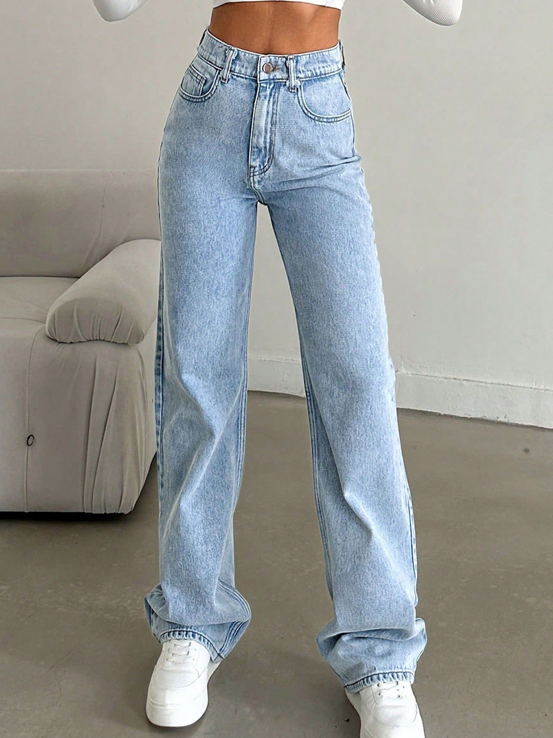 

DressBerry Women Comfort Straight Fit High-Rise Light Fade Acid Wash Stretchable Jeans, Blue
