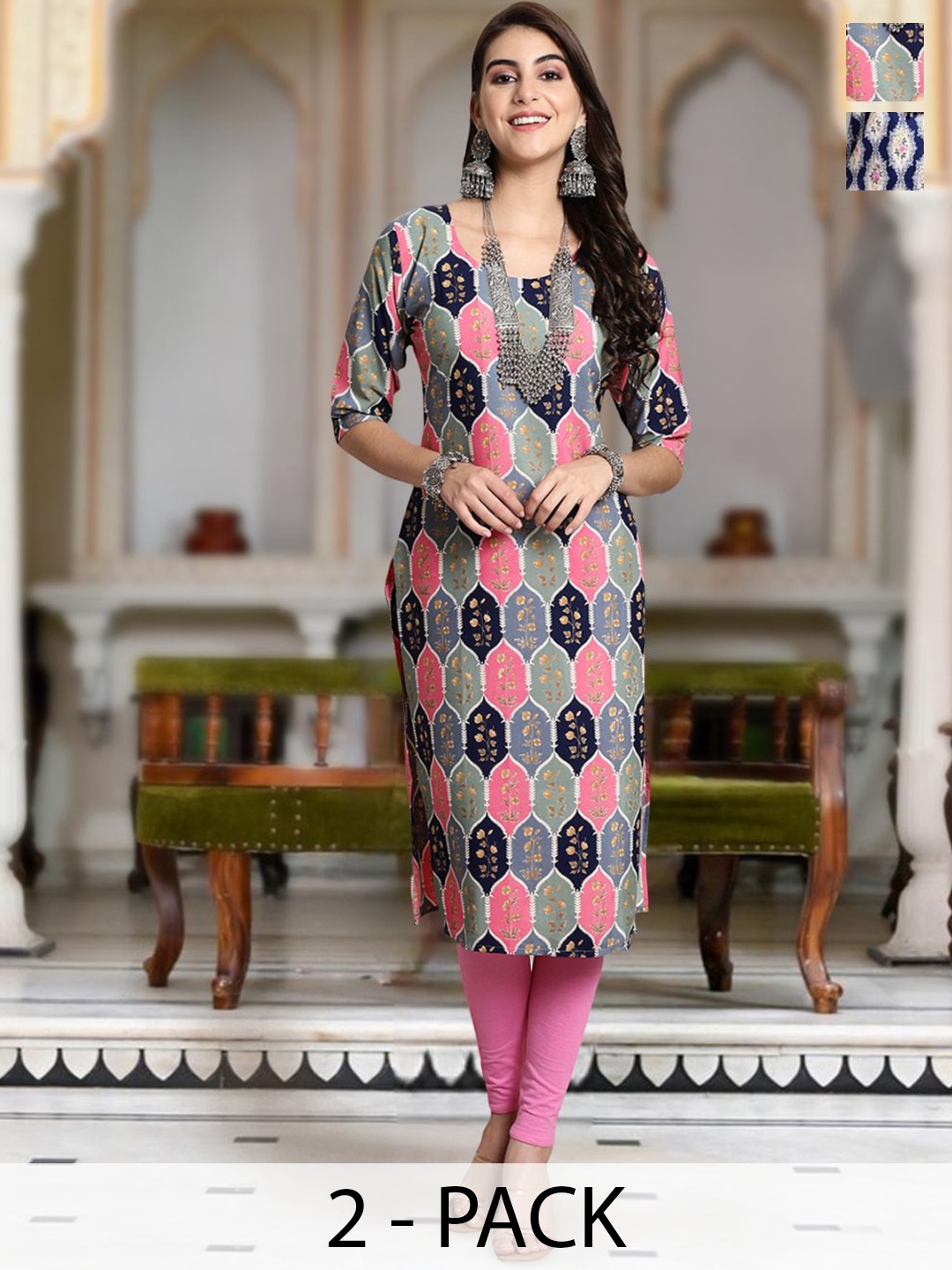 

Moda Rapido Selection Of 2 Floral Printed Round Neck Straight Kurta, Black