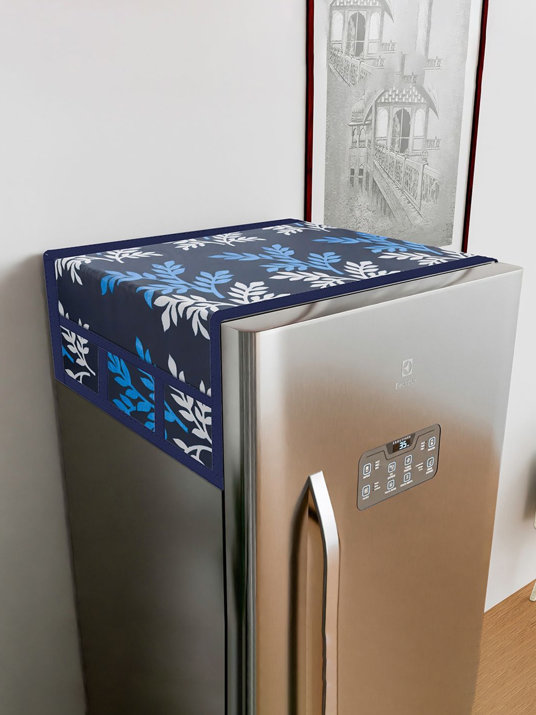 

Kuber Industries Blue & White Printed Fridge Top Cover With 6 Utility Pockets