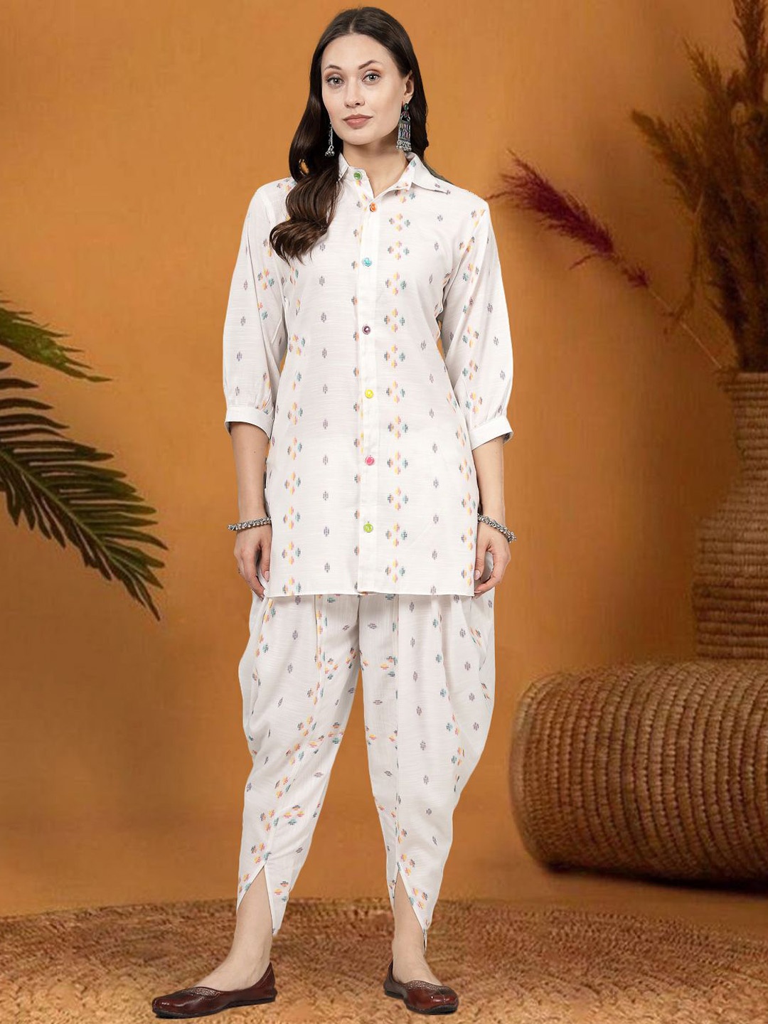 

Moda Rapido Printed Shirt Collar Pure Cotton Tunic with Dhoti Pants, White