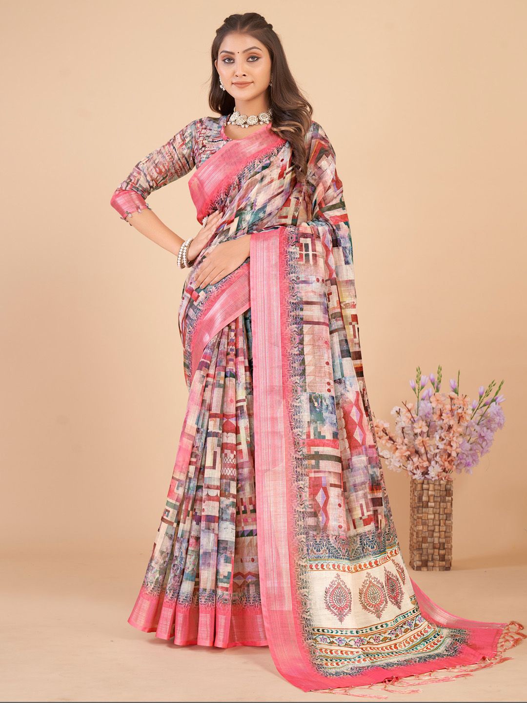 

Mitera Zari Linen Blend Sungudi Saree, Pink