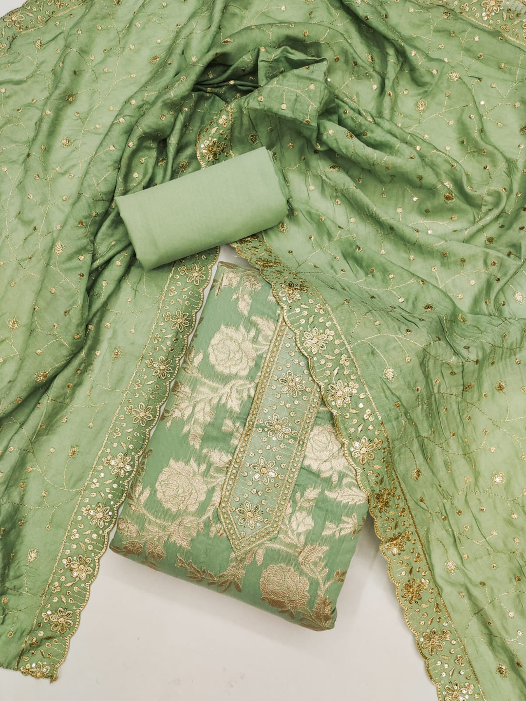 

SWARNGANGA TEX Floral Embroidered Art Silk Unstitched Dress Material, Green