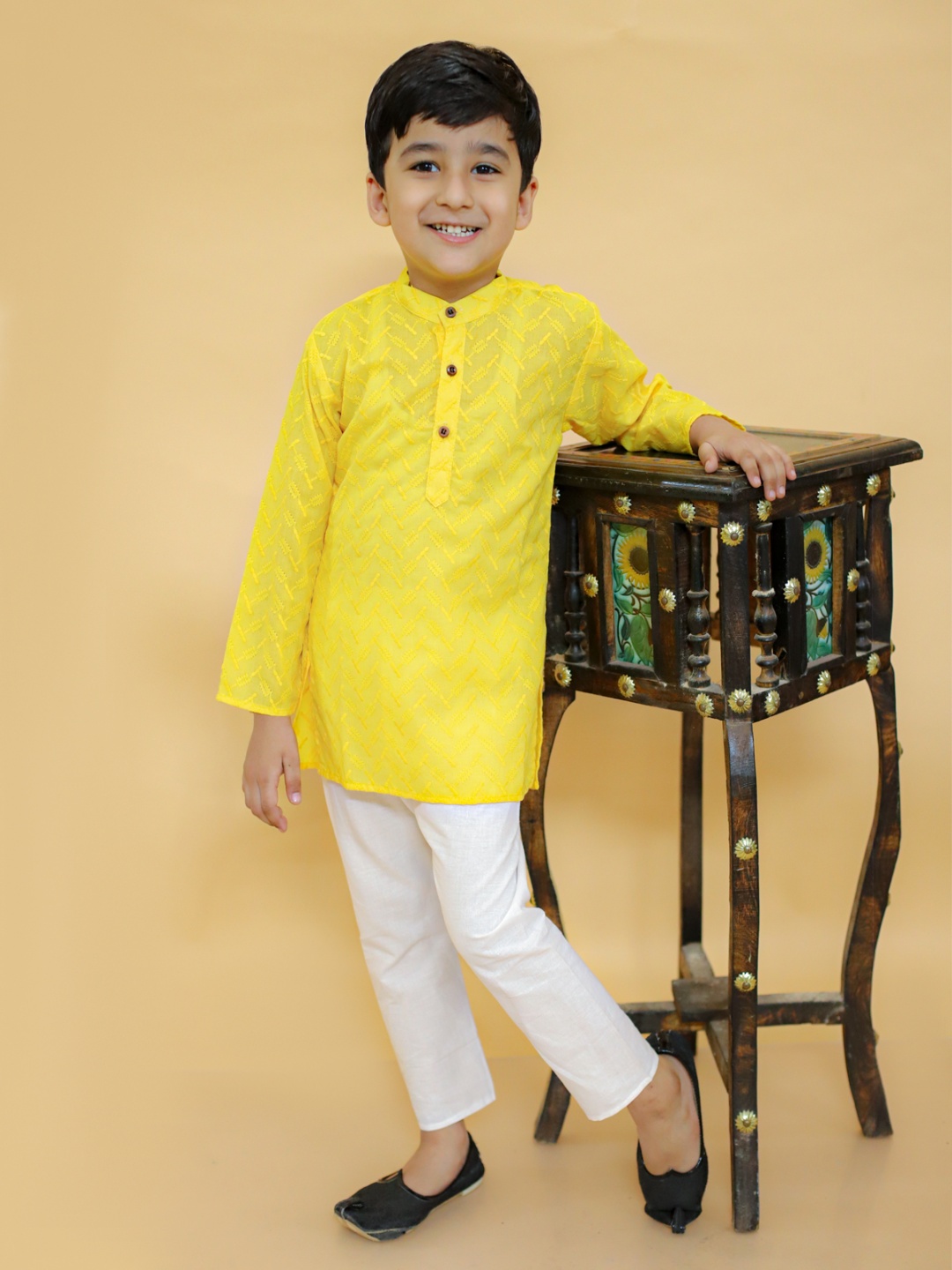 

MoMaa Boys Regular Chikankari Pure Cotton Kurta with Dhoti Pants, Yellow