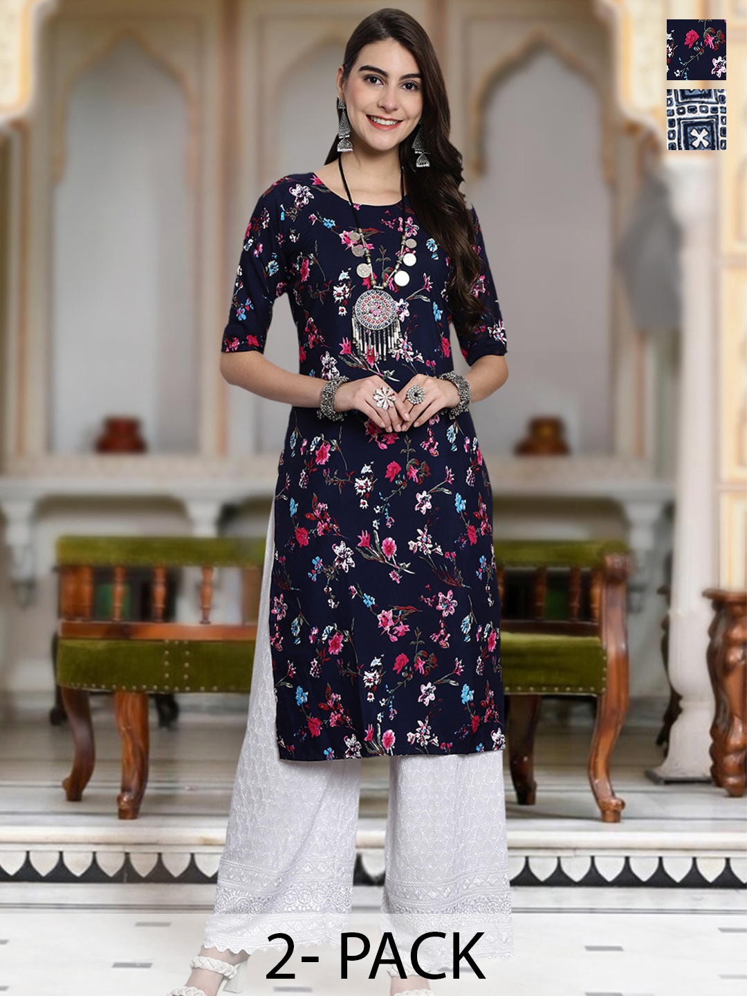 

Moda Rapido Selection Of 2 Floral Printed Round Neck Straight Kurta, Navy blue