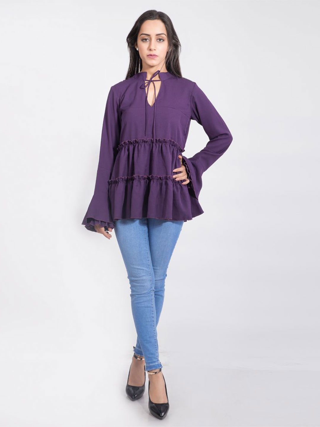 

DELIS Bell Sleeve Monochrome Georgette Top, Purple