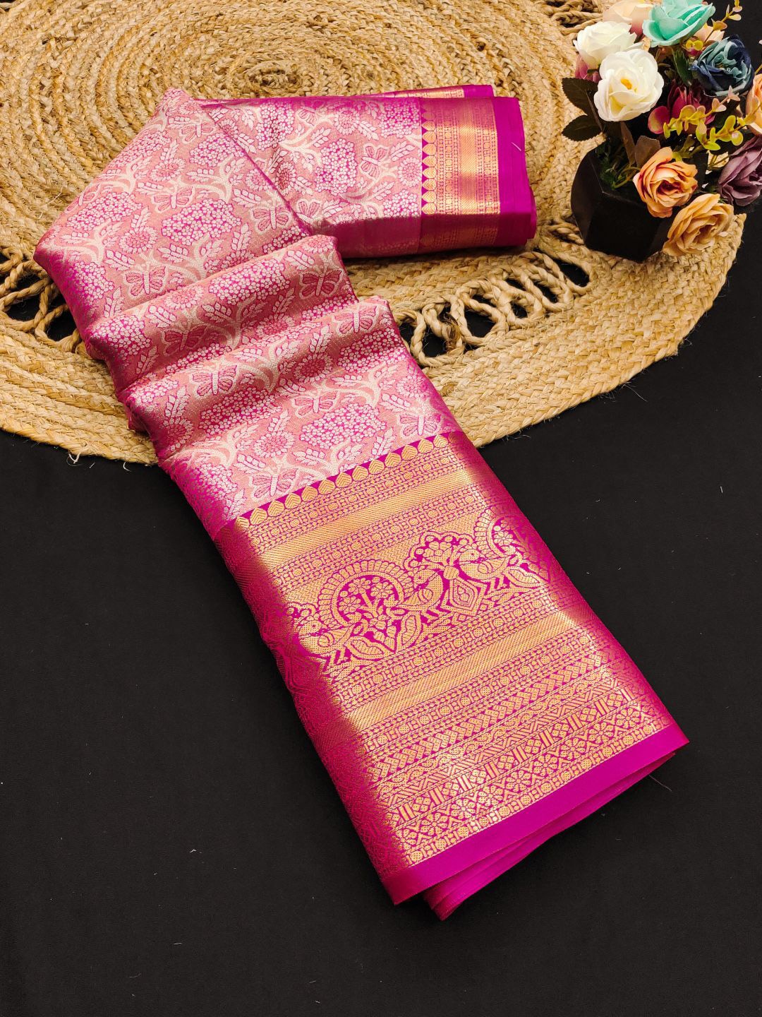

SILKWEAR Woven Design Zari Pure Silk Kanjeevaram Saree, Pink