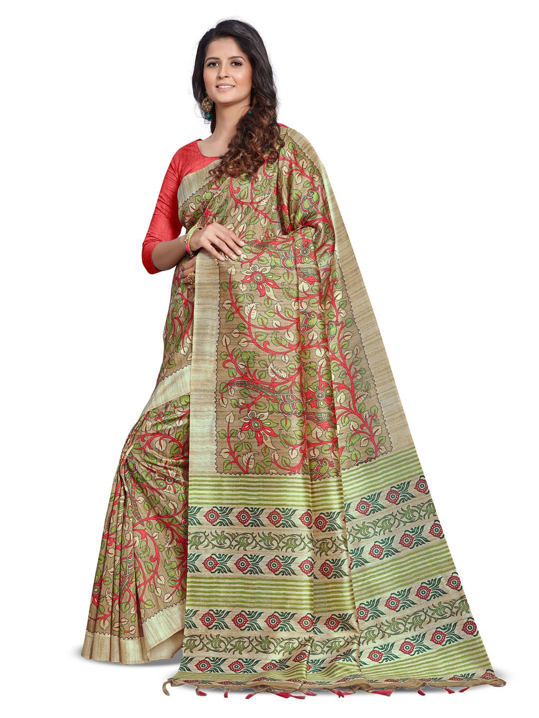

Mitera Kalamkari Silk Blend Block Print Saree, Beige