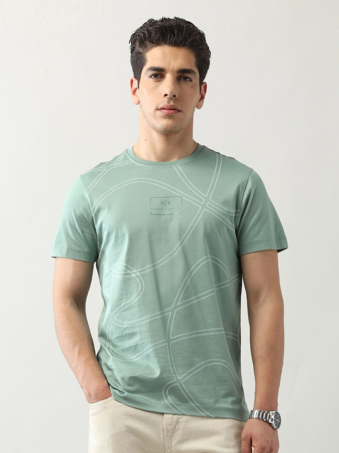 

Arrow New York Men Printed Pockets T-shirt, Green