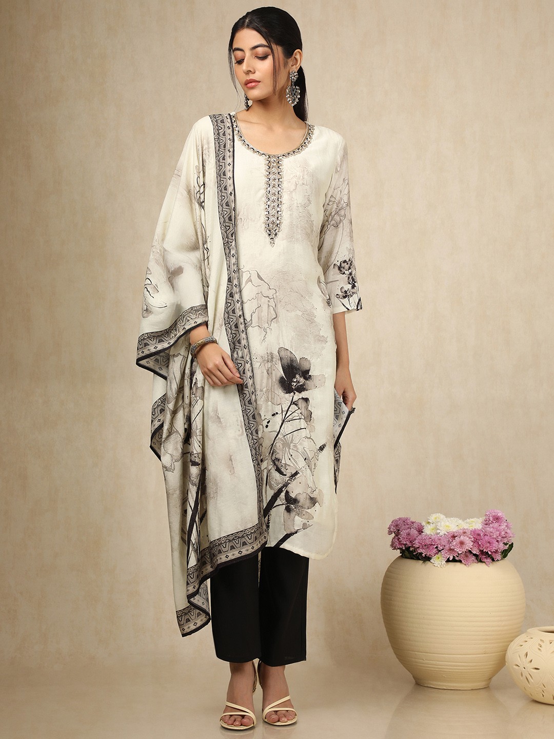

Soch Women Floral Printed Regular Mirror Work Kurta with Trousers & With Dupatta, Beige