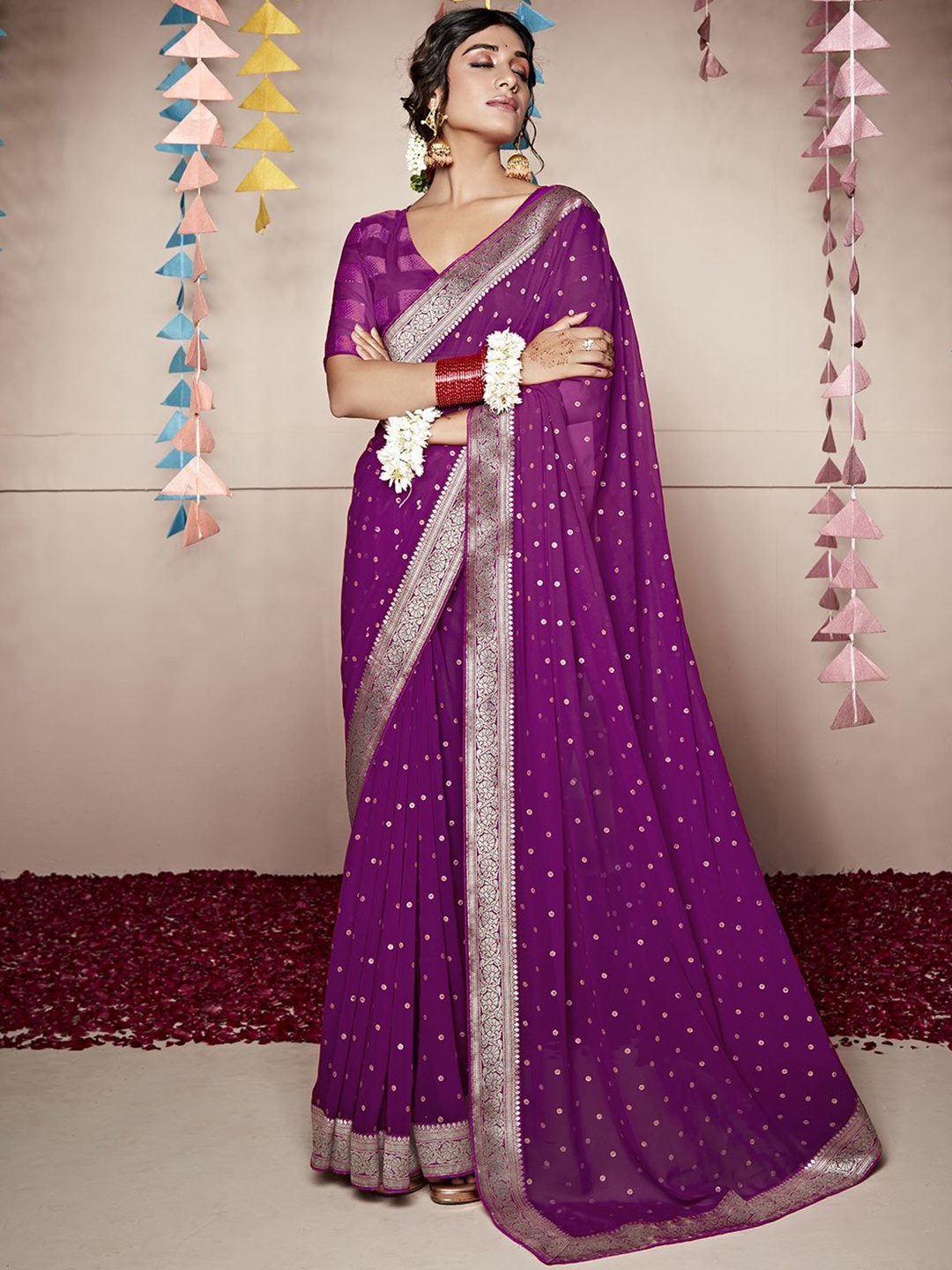 

Mitera Woven Design Zari Poly Georgette Saree, Purple