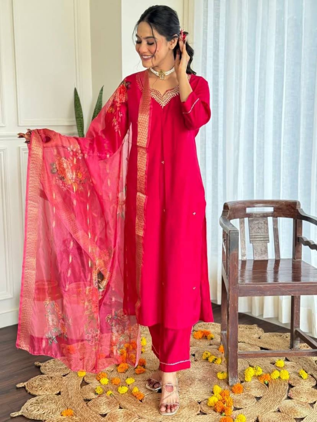 

KALINI Women Embroidered Regular Thread Work Kurta with Trousers & With Dupatta, Red