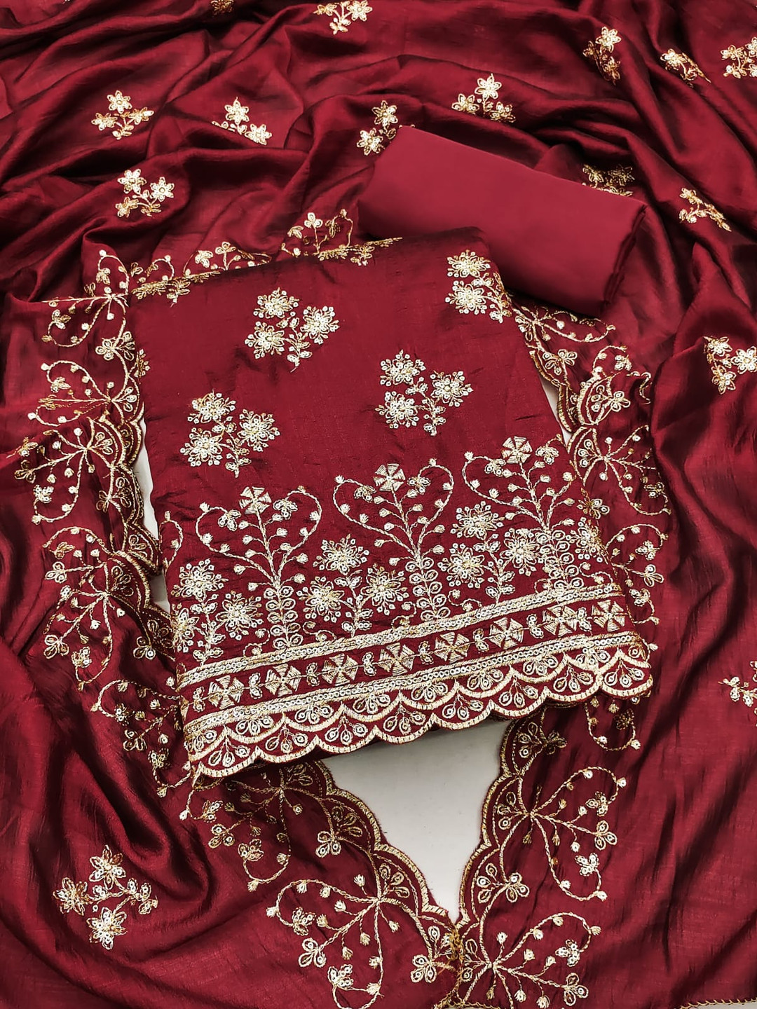 

SWARNGANGA TEX Floral Embroidered Unstitched Dress Material, Maroon