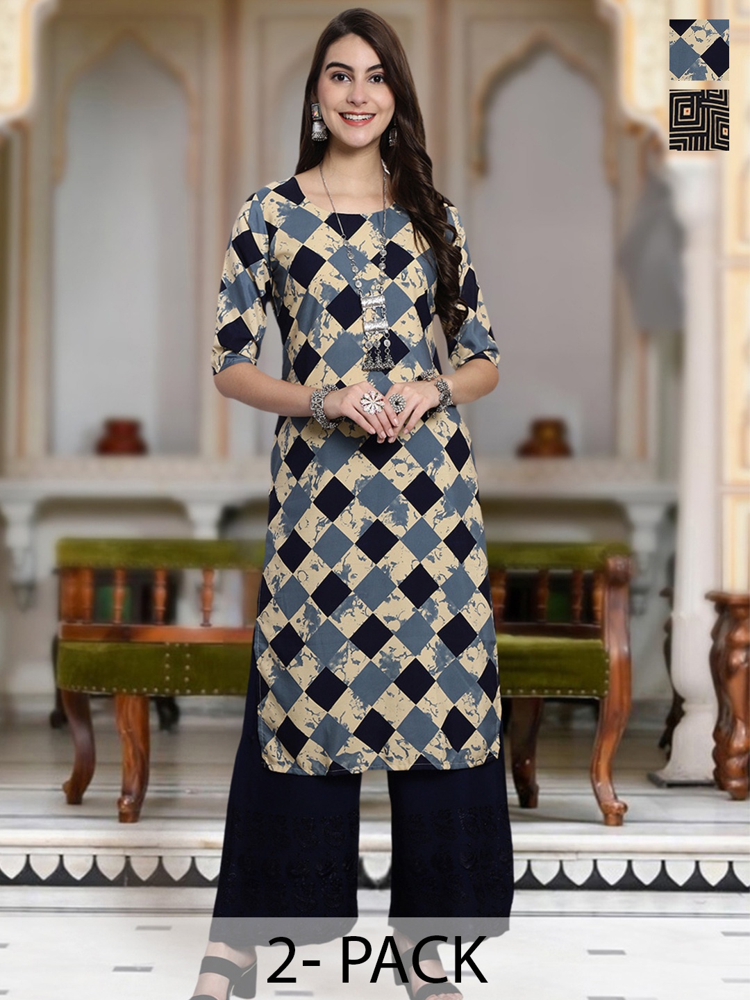 

Moda Rapido Selection Of 2 Geometric Printed Round Neck Straight Kurta, Grey
