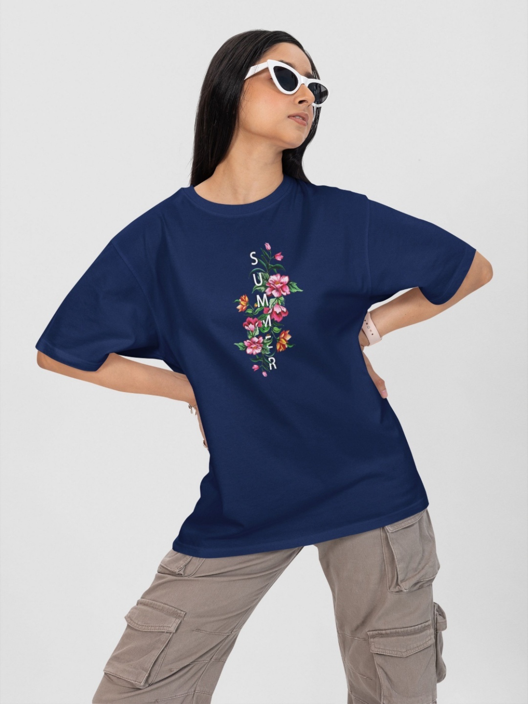 

Moda Rapido Women Printed Drop-Shoulder Sleeves Applique T-shirt, Navy blue