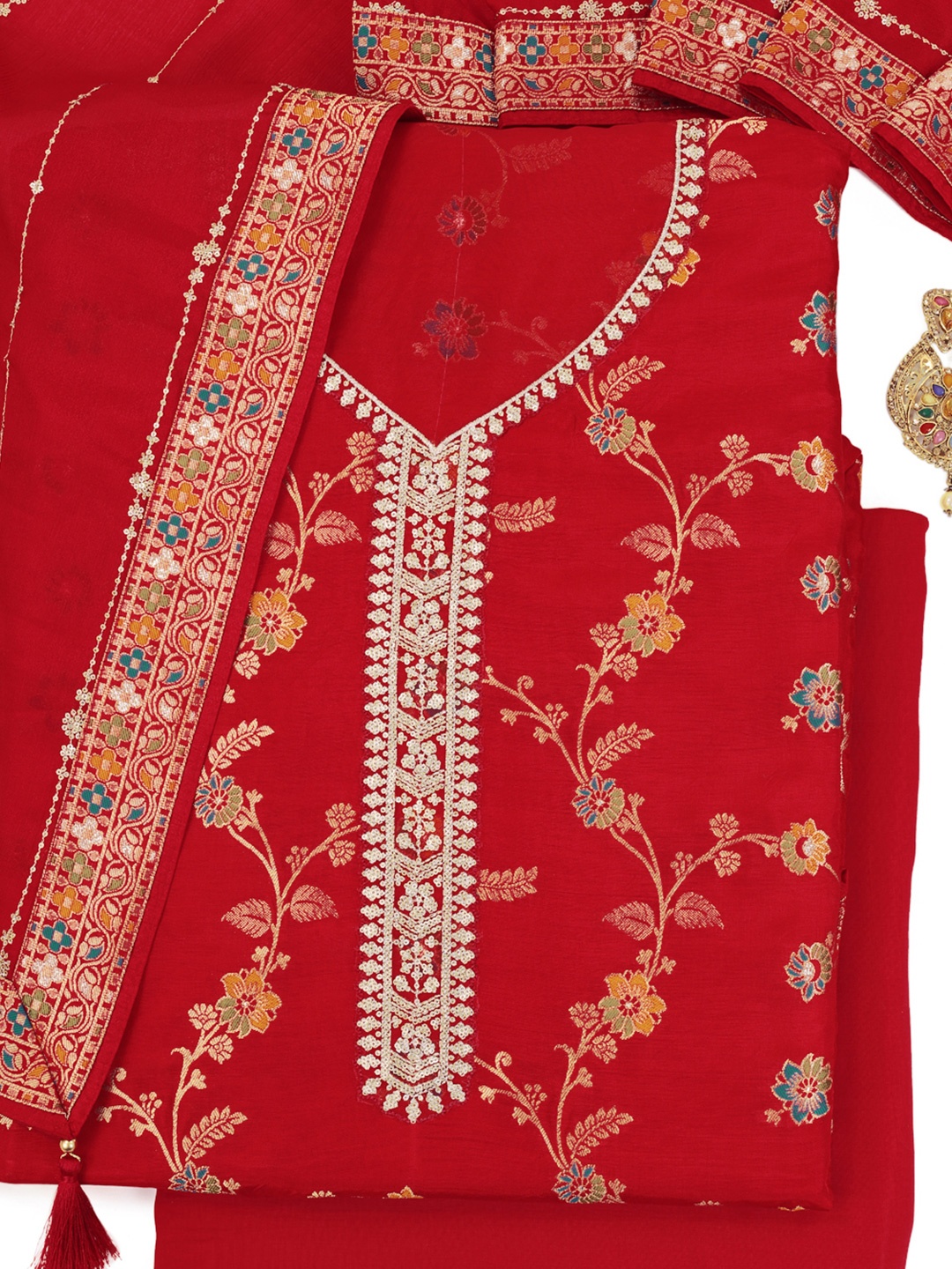 

KULEESH Floral Woven Design Sequinned Pure Silk Unstitched Dress Material, Red