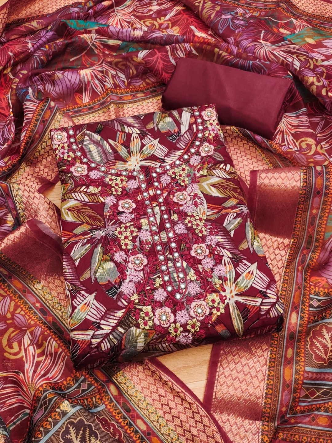 

KALINI Floral Embroidered Sequinned Cotton Unstitched Dress Material, Maroon