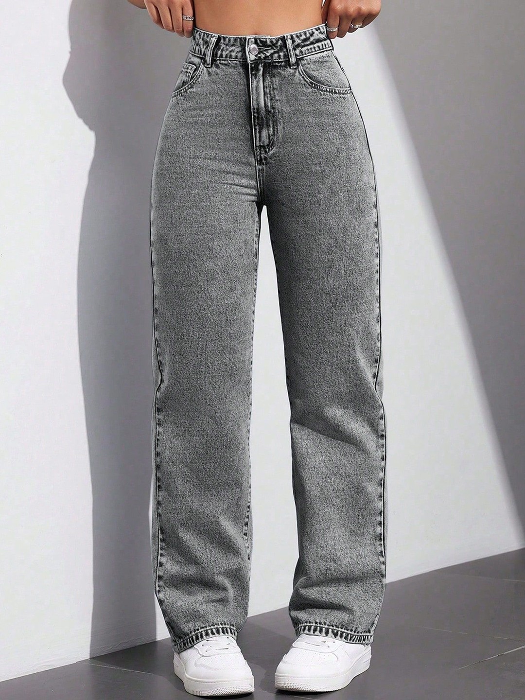 

DressBerry Women Comfort Straight Fit High-Rise Light Fade Acid Wash Stretchable Jeans, Grey