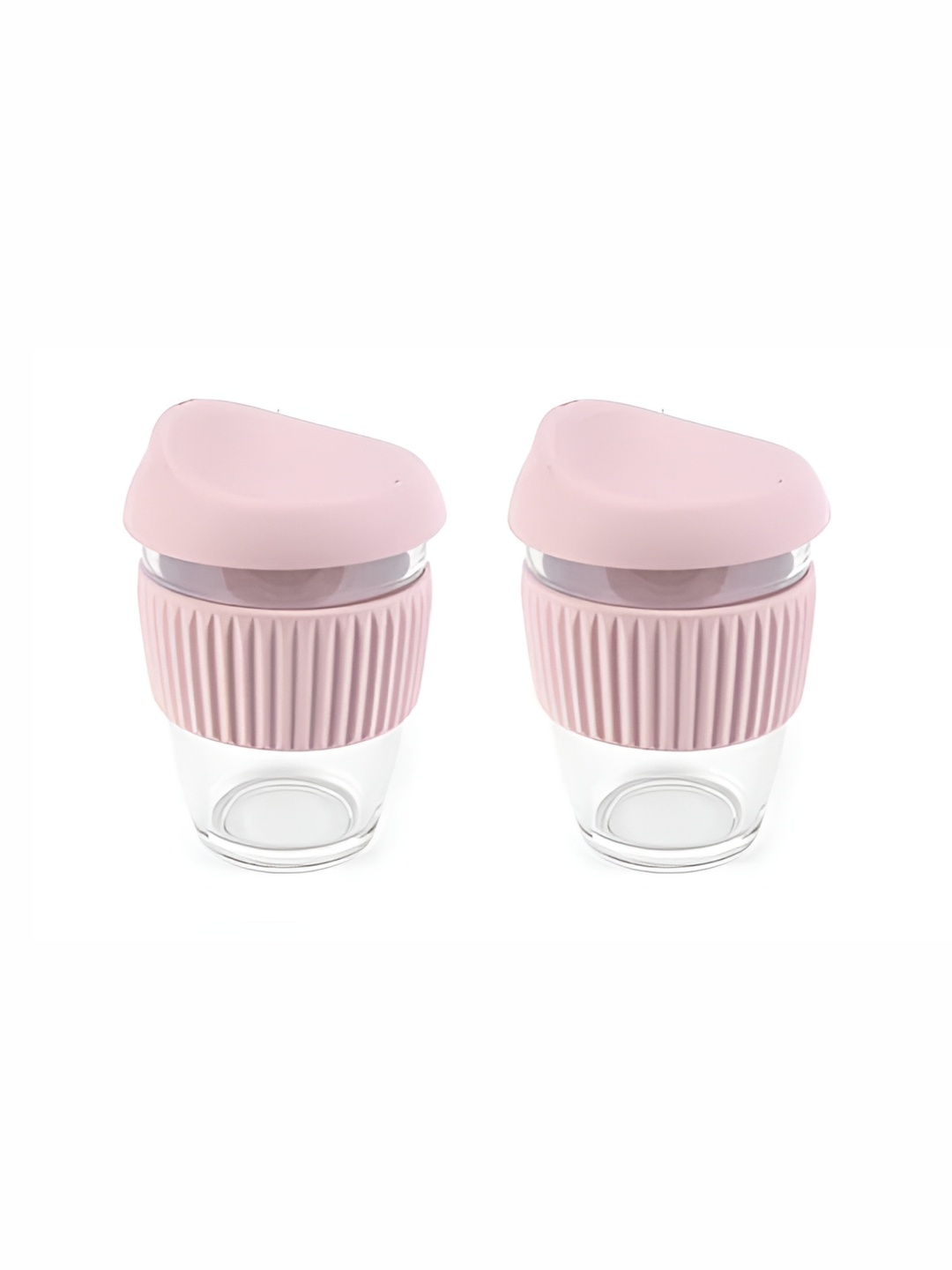

Baskety Pink & Transparent 2 Pieces Glass Glossy Mugs with Silicone Lid 300ml