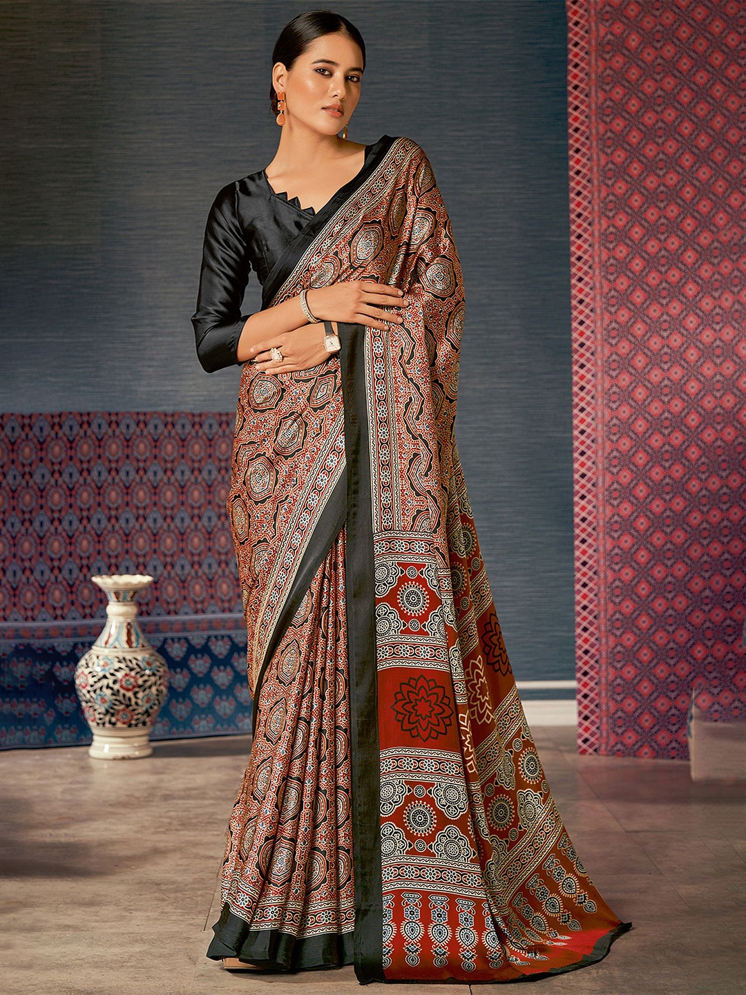 

Mitera Ajrak Block Poly Crepe Block Print Saree, Brown