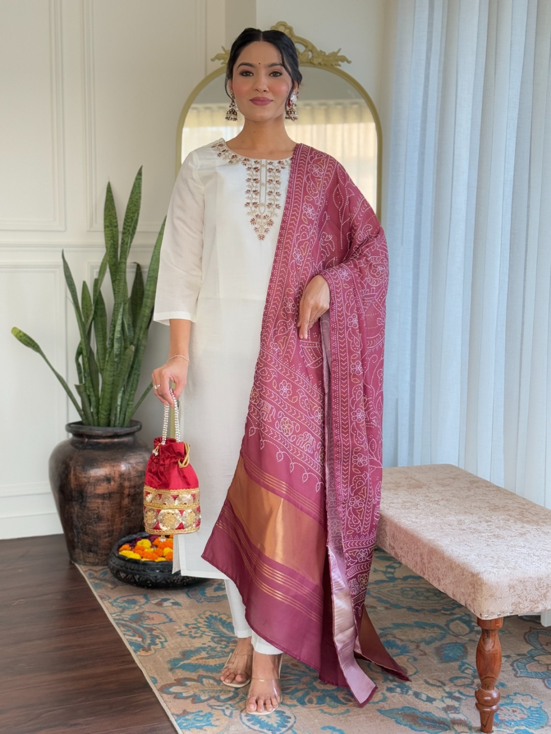 

KALINI Women Embroidered Regular Kurti with Trousers & With Dupatta, Off white