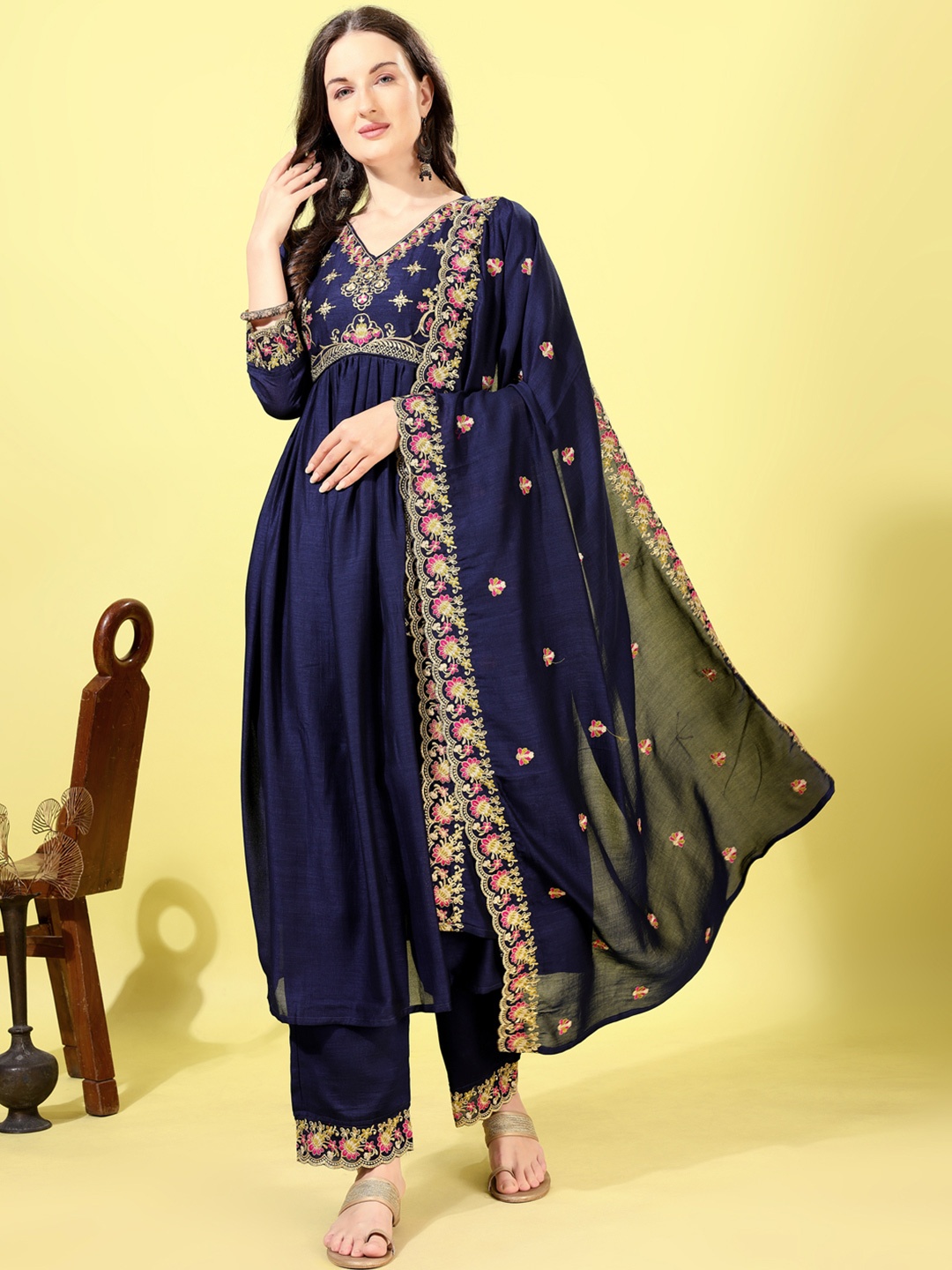 

KALINI Women Ethnic Motifs Embroidered Regular Kurta with Palazzos & With Dupatta, Blue