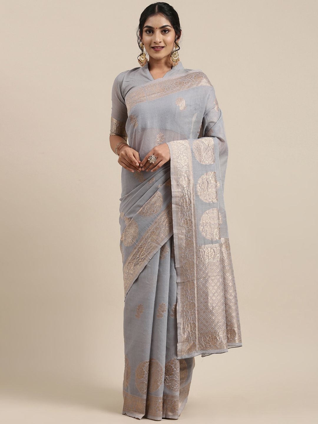 

Mitera Floral Zari Linen Blend Banarasi Saree, Grey