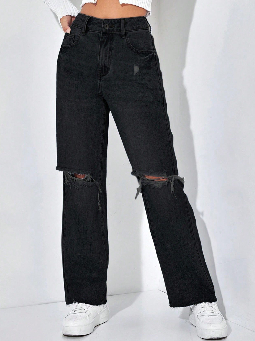 

NUCOUTHS Women Jean High-Rise Slash Knee Stretchable Jeans, Black