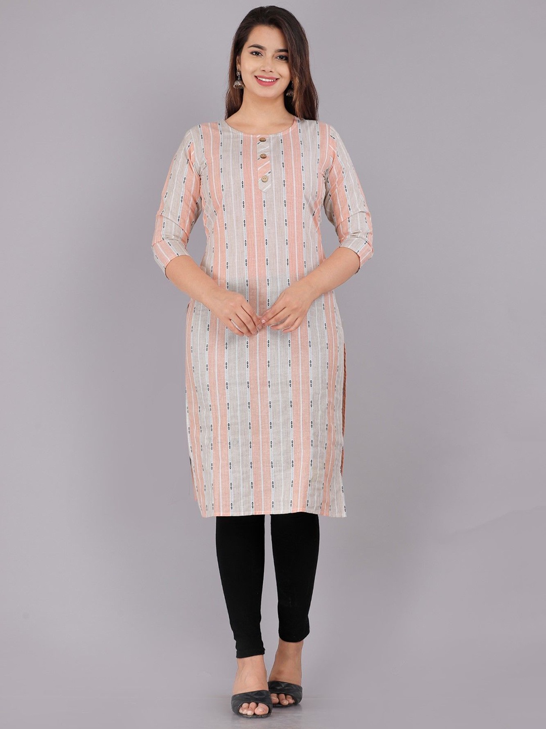 

ASANSHI Striped Round Neck Cotton Straight Kurta, Orange