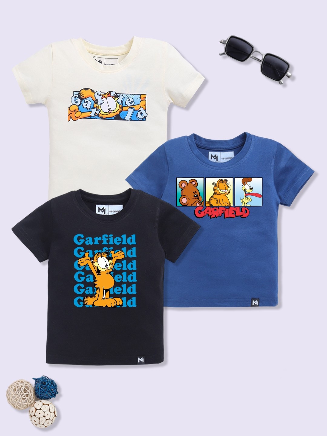 

YK X Minute Mirth Boys Set of 3 Assorted Garfield Printed Pure Cotton T-shirts