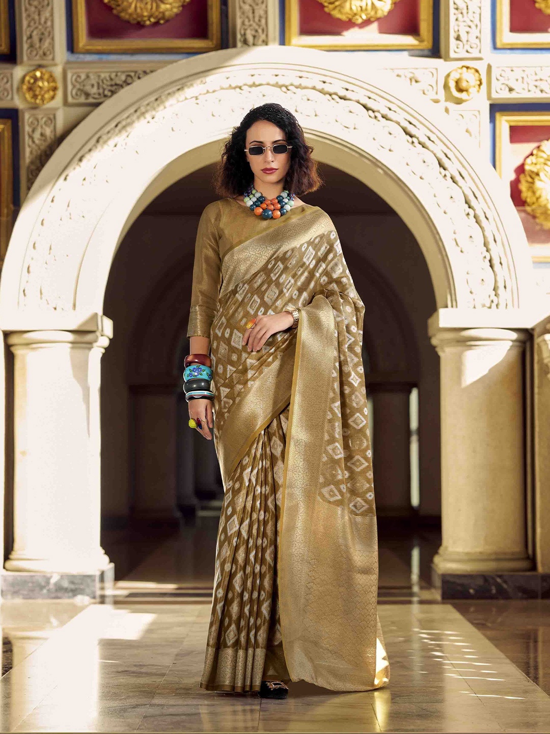 

KIMISHA Woven Design Zari Tissue Ikat Saree, Camel brown