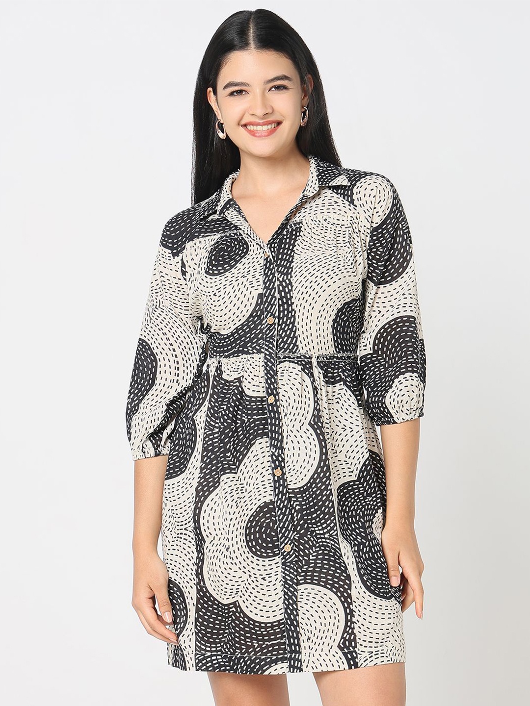 

R&B Print Puff Sleeve Shirt Dress, Black