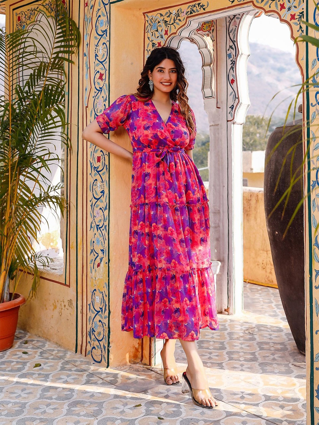 

NOUN Floral Print Georgette Maxi Midi Dress, Pink