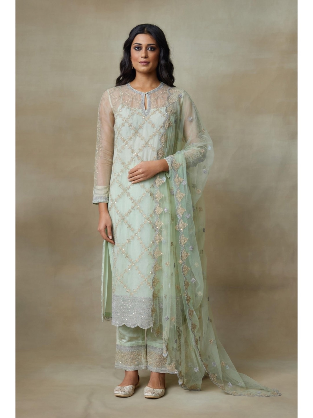 

SHASHA GABA Women Embroidered Regular Kurta with Trousers & With Dupatta, Lime green