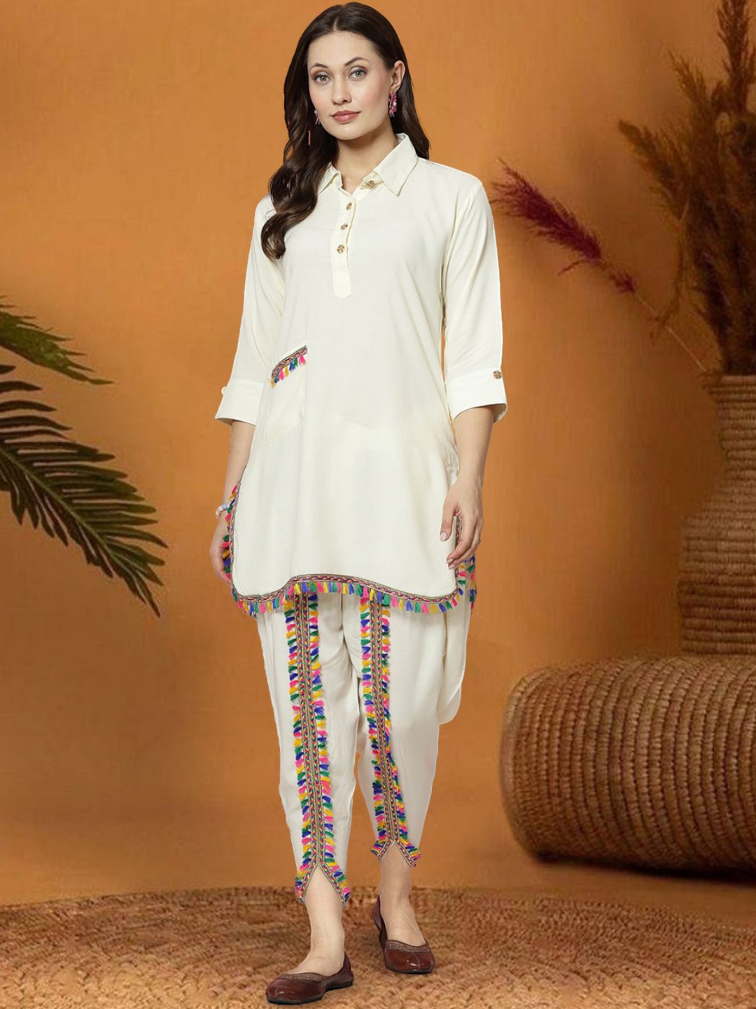 

Moda Rapido Shirt Collar Tunic With Dhoti Pants, Off white