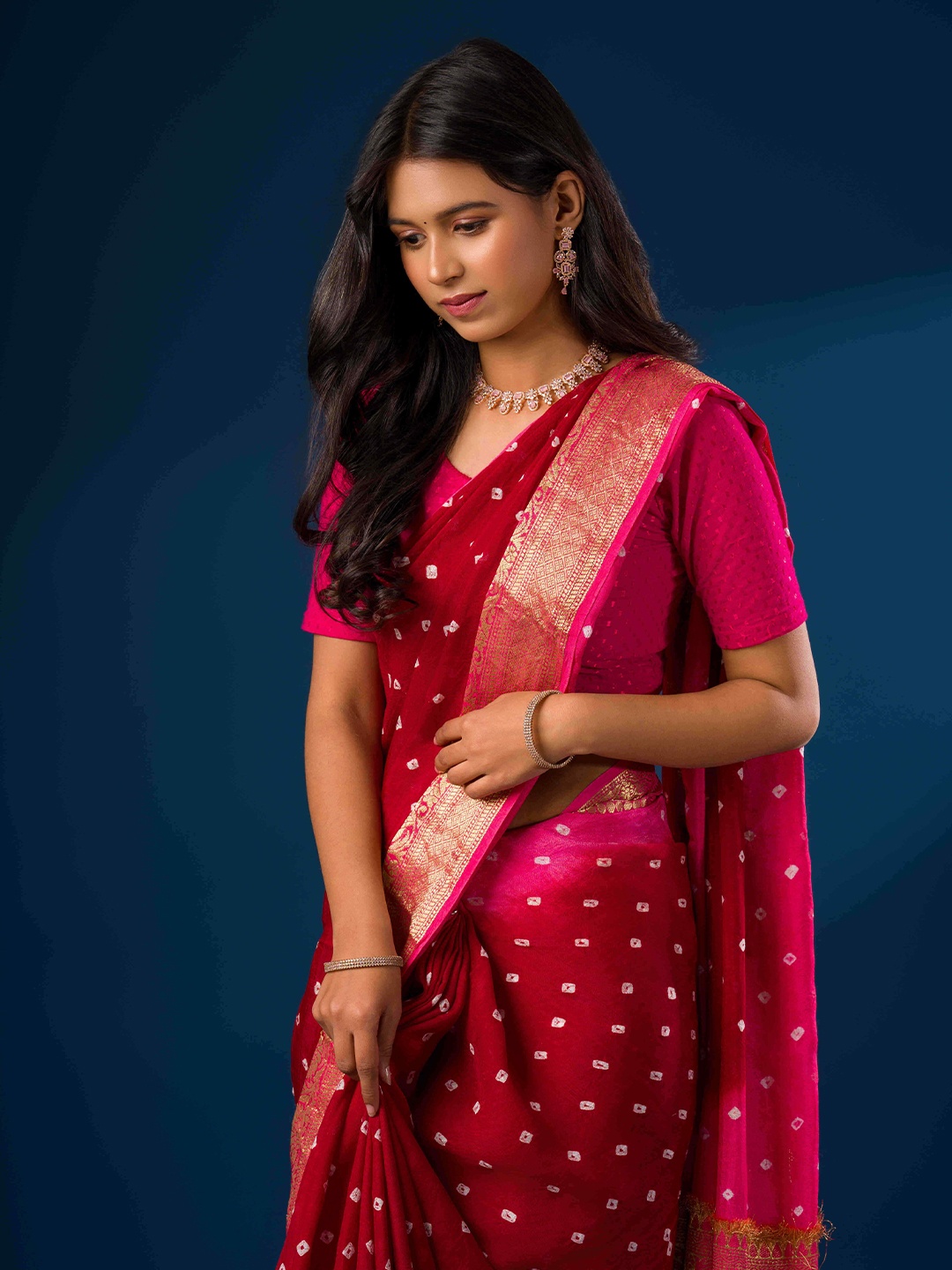 

KCPC BANDHANI Bandhani Zari Art Silk Bandhani Saree, Pink