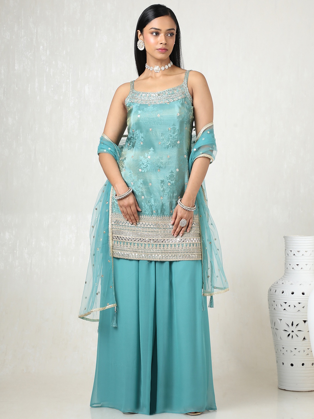 

Soch Women Floral Embroidered Regular Sequinned Kurta with Palazzos & With Dupatta, Turquoise blue