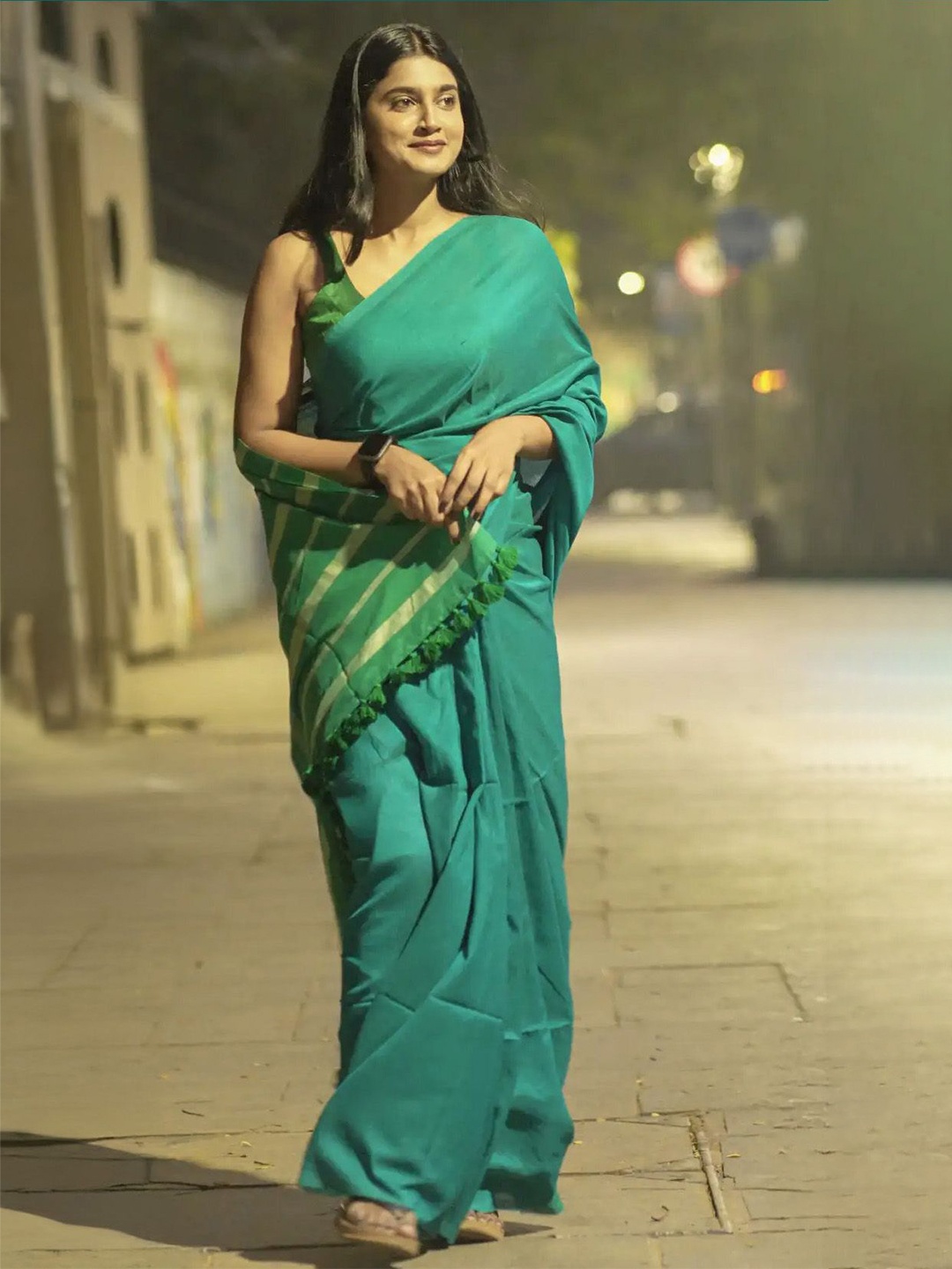 

I LOVE SAREES Steal Green Acrylic Cotton Saree