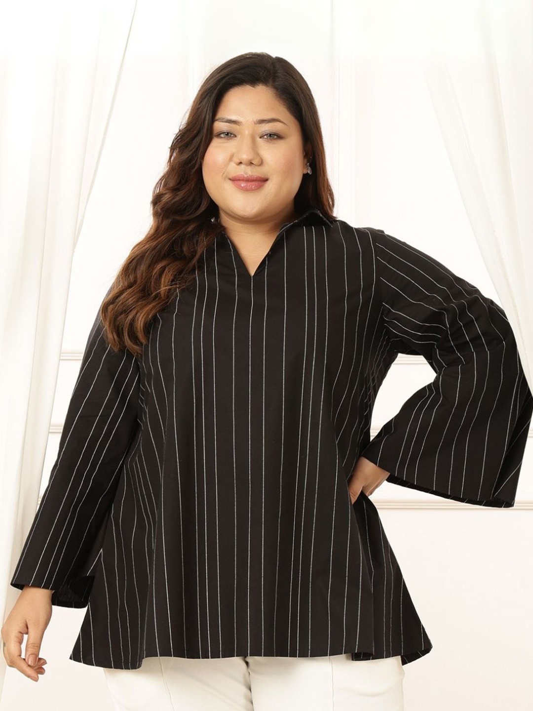 

Amydus Women Plus Size Striped Top, Black