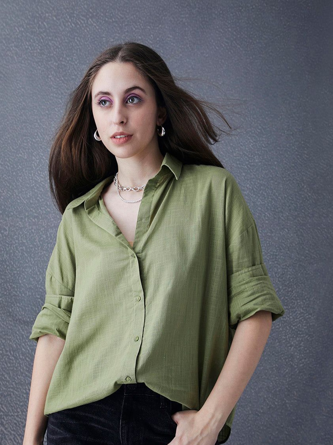 

VOLTEDGE Women Classic Opaque Oversized Casual Shirt, Olive