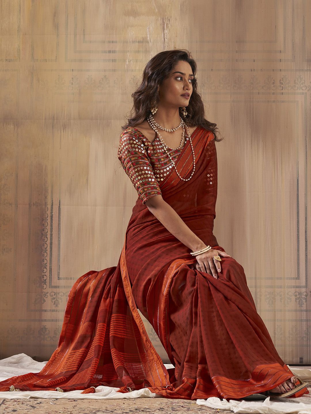 

Mitera Poly Georgette Saree, Rust